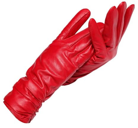Dninmim Damen Winter Lederhandschuhe Kurz Lederhandschuhe Winter Handgelenk Festziehen Lederhandschuhe, rot, 8.5