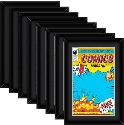 Geetery 8 Pack Comic Book Frame UV Protection Magazine Picture Display Wall Mount Book Fit Current up to 6 3/4 x 10 1/4 Wall or Tabletop Display with Spring Clip Installed Hanger(Black (black Mat))