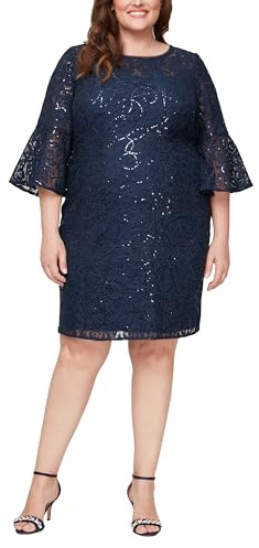 Alex Evenings Women's Plus Size Short Shift Dress with Embellished Illusion Detail, Navy Corded Lace, 14W