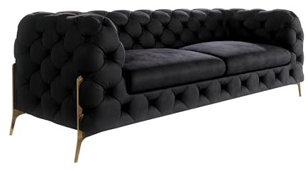 S-Style Möbel Sofa Couch 3 Sitzer 225 x 100 x 75 cm Samtstoff Metallbeine Gold Elegant Gesteppt Freistehend Milton Schwarz