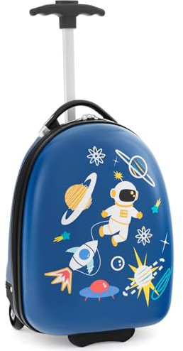 COSTWAY Kids Suitcase, 18L Carry-On Luggage with 2-Level Aluminum Handle, Wheeled Travel Case Hand Bag for Boys Girls (Blue)