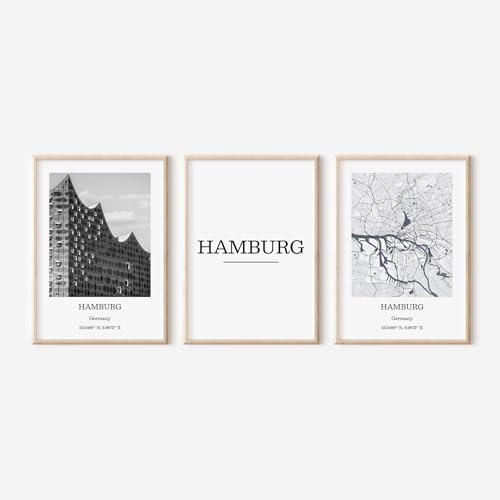 ZoeyAustin® 3er Set City Poster DIN A3 (30cm x 42cm), Minimalistisch Moderne Wanddeko, Wohnzimmer Schlafzimmer Deko, Schwarz-Weiß (Hamburg)