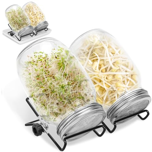 Fiqops Sprossenglas Keimglas, 4er Set 950ML Sprossenglas mit Deckel & Sieb, Kapazität 4 Einstellbare Halterung 2 Tablett, Sprossen Keimgerät für Alfalfa Kresse Brokkoli Mungobohnen