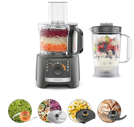 Kenwood Multipro Compact FDP31.170GY, Robot Tritatutto da Cucina con 2 Velocità + Pulse in dotazione Frullatore da 1,2L, Ciotola da 2.1L, per Tritare, Grattugiare e Impastare, 800W