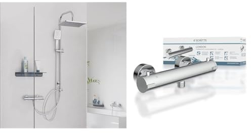 Schütte Duschset MALLORCA Duschsäule mit großer Regendusche & 52465 LONDON Thermostat Duscharmatur, Brausethermostat Brausearmatur