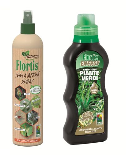 Flortis Kit Benessere Verde. Concime per piante verdi e Tripla Azione bio. Set con insetticida piante, fungicida sistemico, acaricida spray da 500ml e concime liquido Energy concentrato da 500g.