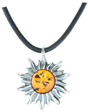 Artisana-Schmuck Anhänger Sonne mit Bernstein, Anhänger mit Lederband, gefasst in 925/000 Sterling Silber
