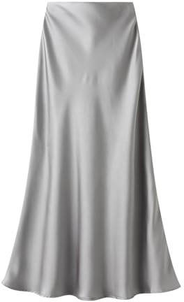 FM2018XSL Jupe Longue en Satin Femme Taille Haute Élastique Plissée Jupe Décontractée Longue Jupe Queue de Poisson,L,Gris argenté