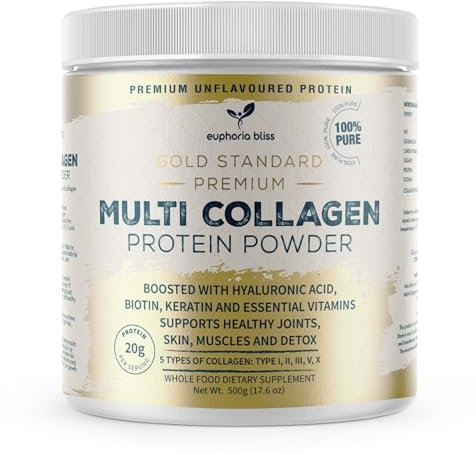 Multi Collagen Protein Powder with Hyaluronic Acid, Biotin, Keratin & Vitamin C for Women & Men | Unflavoured | Types I, II, III, V & X, Bovine | Fish | Chicken & Eggshell | Halal 500G