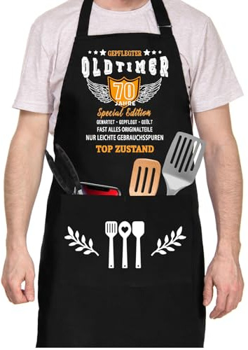 Geschenke zum 70. Geburtstag Mann, Grillschürze für Männer lustig, Kochschürze als Geschenk zum 70. Geburtstag, Küchenschürze Baumwolle Schürze Schwarz, Männer Geschenkideen Geburtstag, Grillparty
