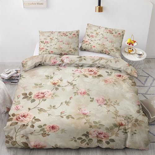 Bettwäsche 200x200 Rosa Blume Motiv - Vintage Landhausstil Bettbezug und 2 Kissenbezug 80x80, Weiche Bügelfreie Mikrofaser Deckenbezug 3teilig Set mit Reißverschluss, Wendebettwäsche & Deko M&-1113
