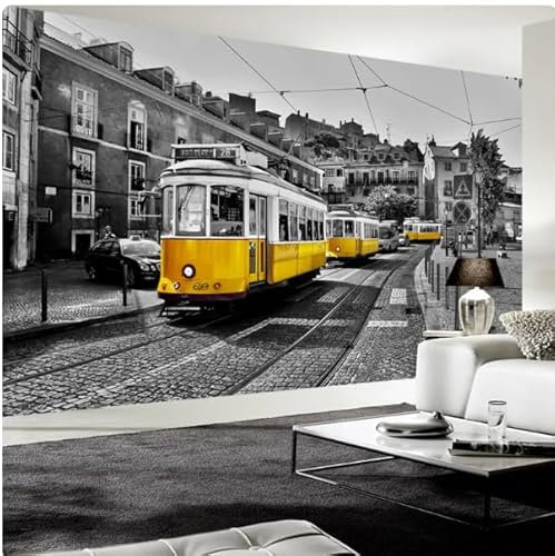 vsdhlsidgl 3D-Wandbild, Straße, gelbe Straßenbahn, schwarz-weiß, Stadtgebäude, Tapete, Café, Restaurant, 3D-Dekor, 3D, 200 x 140 cm
