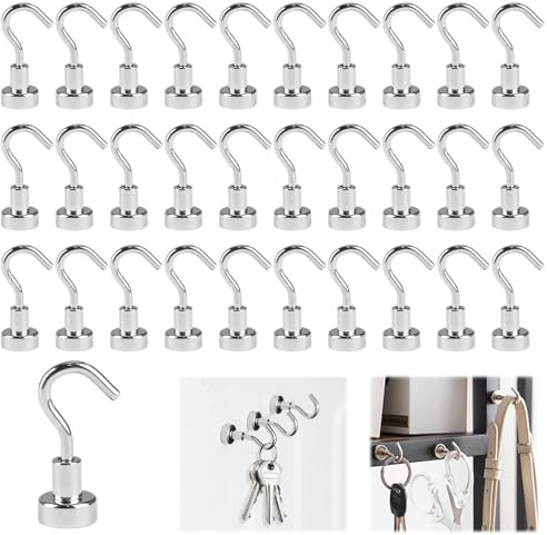 Neodymium 30-Pack Heavy Duty Magnetic Hooks - Strong Silver Magnets for Keys, Tools, Clothes - Ideal for Cruise, Kitchen, Garage, Office, Fridge