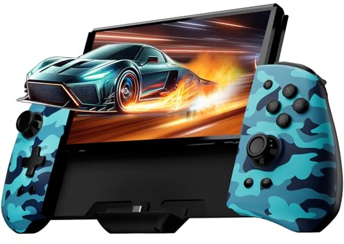 PALPOW Manette Switch lumineuse – Compatible Switch/OLED, design ergonomique Luminpad, Joypad intégré, Turbo, Mapping, LED 7 couleurs – Bleu Camouflage