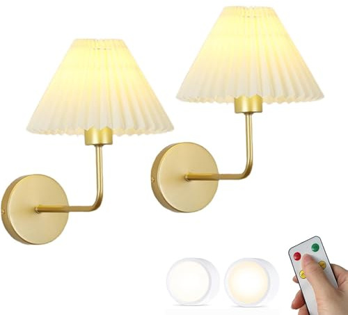 Moderno set di 2 lampade da parete dorate con telecomando e batteria ricaricabile USB, dimmerabile, colore nero, paralume in tessuto plissettato, ideale per comodino o testiera