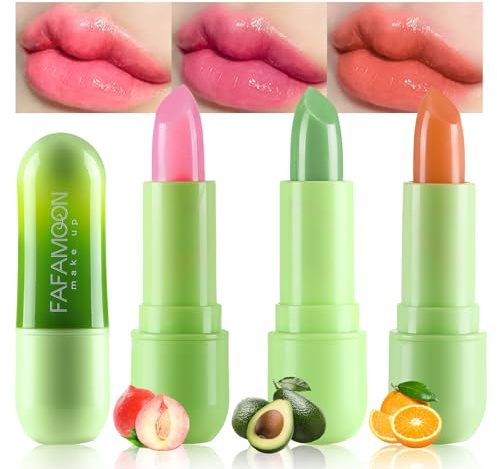 Set mit 3 Magischer Lippenstift mit Farbwechsel bei Temperatur, Feuchtigkeitsspendender Lippenbalsam mit Fruchtgeschmack, Aloe Vera, Langanhaltend, Nahrhaft (3 Pcs, B# Pfirsich, Orange, Avocado)