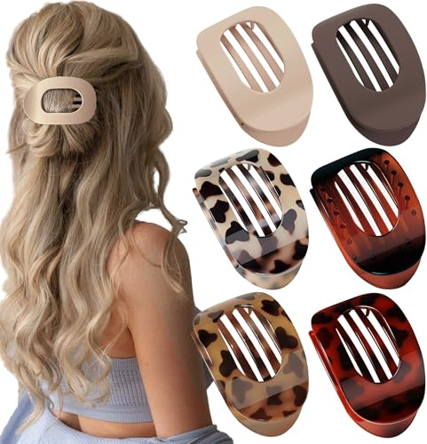 AerLiia 6 Pcs Flat Hair Claw Clips for Women Curved Design Duckbill Hair Clips for Thin,Thick Hair,Lay Down,Driving Strong Hold Round Matte Solid Flat Claw Hair Clips Women Fashion Hair Accessories
