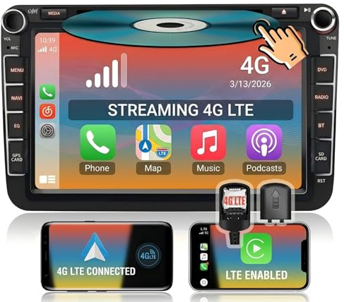AWESAFE Android [4GB+64GB] Radio Coche admite SIM 4G con Pantalla 2 DIN CD/DVD para VW, Autoradio CarPlay/Android Auto para VW conBluetooth/RDS/USB/FM/SD/RCA, Admite Mandos del Volante y Aparcamiento