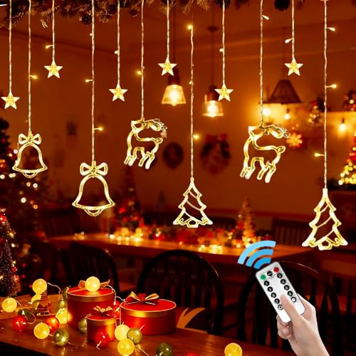 Lichterkette Weihnachten Fenster, Weihnachtsdeko Beleuchtet Batteriebetrieben, 3.5M Weihnachtsbeleuchtung mit 8 Blinkenden Modi,Fernbedienung,Timer,Lichtervorhang für Balkon Fensterdeko Weihnachten