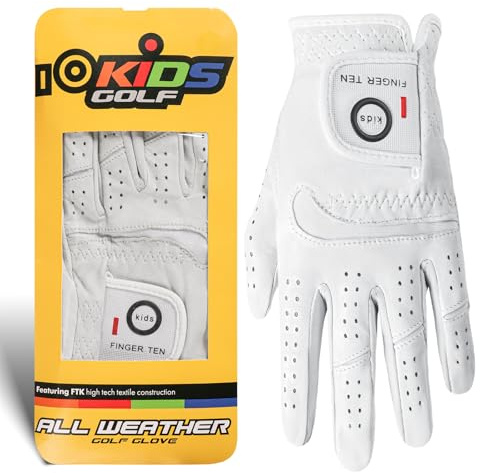 FINGER TEN All Premium Cabretta Leather Golf Gloves 1 Pack for Kids Boys Girls Toddler Youth Junior, Comfortable Soft Glove Breathable Grip Fit Left Hand for Right Handed Golfer (White, Medium, Left)