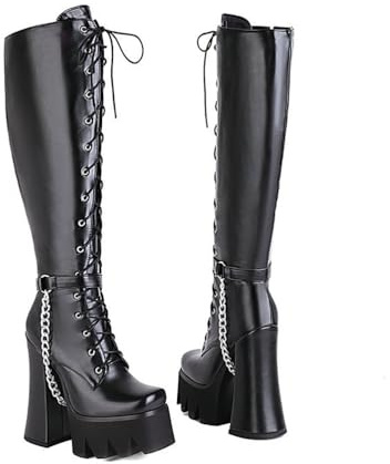 KUHAOFEU Stivali con Plateau da Donna Invernali Neri Stivali Gotici Punk sopra Il Stivali al Ginocchio con Cerniera Laterale Stringati Stivali Lunghi,Nero,38 EU
