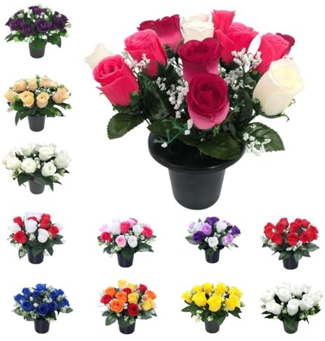 Rose Artificial Flowers in Grave Flower Pots – UV Resistant, Long-Lasting Design for Cemetery Decorations, Grave Displays, Home & Garden Memorial Arrangements (14 Rose Heads Ivory Fuchsia Cerise)