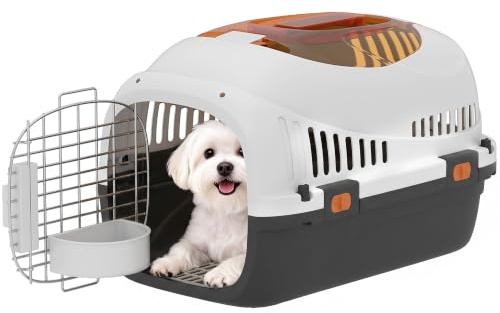 PawHut Plastic Cat Carrier Top Load for Small Pets 49 x 32 x 31 cm Black | Transport Pet Carrier Travel Box, Max 4 KG, Steel Door, Feed Bowl, Secure Lock