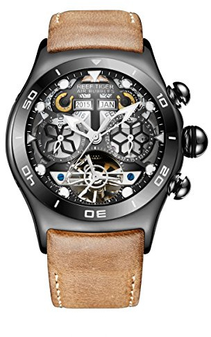REEF TIGER Relojes deportivos para hombre, esfera de esqueleto negra, reloj Tourbillon RGA703, NRGA703-BBS
