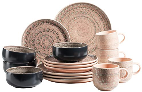 MÄSER 931743 Serie Spicy Market Set di stoviglie dipinte a mano per 4 persone in stile mediterraneo vintage, servizio combinato in ceramica, rosa, gres