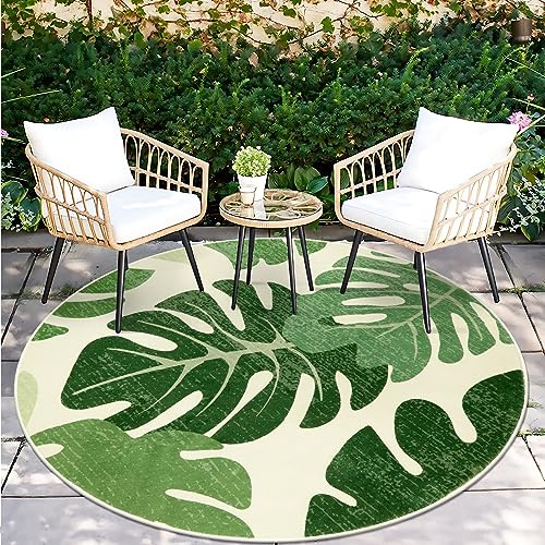 Lukinbox Green Leaf Indoor Outdoor Rugs for Patio, 4ft Round Washable Area Rug for Bedroom, Soft Circle Tropical Monstera Plant Non-Slip Entryway Rug Circular Carpet for Living Room Dinning Room