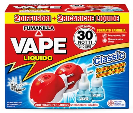 Vape ́2 Diffusori Antizanzare + 2 Ricariche Liquide Verdessenza 30 Notti 15ml, Diffusore Elettrico per Zanzare, Antizanzare con Ricarica Efficiente 240 Ore, Protezione Contro Zanzare Comuni e Tigre