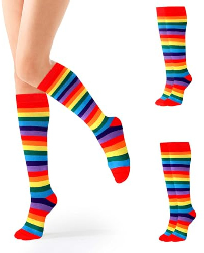 FainFun Calzini Arcobaleno, 2 Paia Calzini a Righe Coloratem, Dimensione Generica, Vestito da Cheerleader, Calzini a Righe per l'Abbigliamento Quotidiano e per le Sfilate del Mese dell'Orgoglio