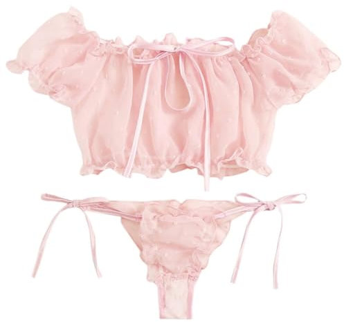KFLY Women Sexy Bra and Panty Polka Dots Babydoll Lingerie Set Strappy Seethrough Ruffle Trim Underwear with Cute Bowknot G String Pink