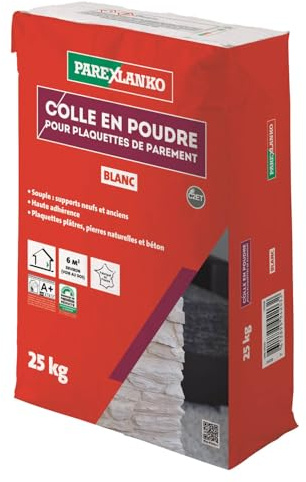 PAREXLANKO - Colle en poudre pour plaquette de parement - Blanc - 25kg | Pour plaquettes plâtre, pierres naturelles et béton - Supports neufs ou anciens - Mur intérieur - Haute adhérence