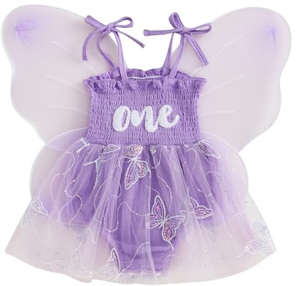 Geagodelia 2Pcs Infant Baby Girl 1st Birthday Outfit Romper Dress Bodysuits with Letters 3D Butterfly Embroidery Jumpsuit Princess A-Line Baptism and Butterfly Wings