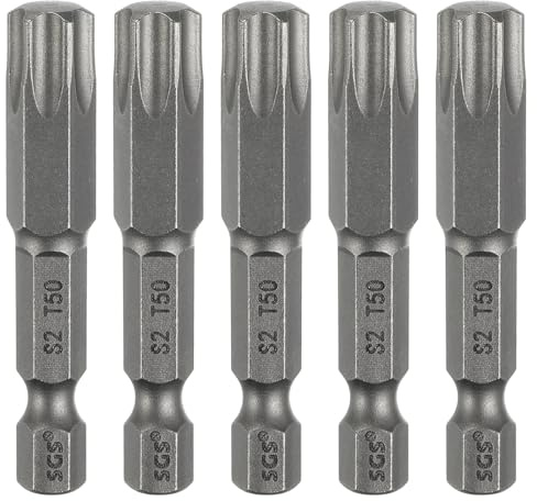 sourcing map 5pcs T50 Torx Testa Cacciavite Bit 1/4 Hex Shank 2 (50mm) Lungo Magnetico No Hole Tip Tamper Proof 6 Point Star Screw Driver Drill Bit S2 Acciaio Industriale Potenza Cacciaviti