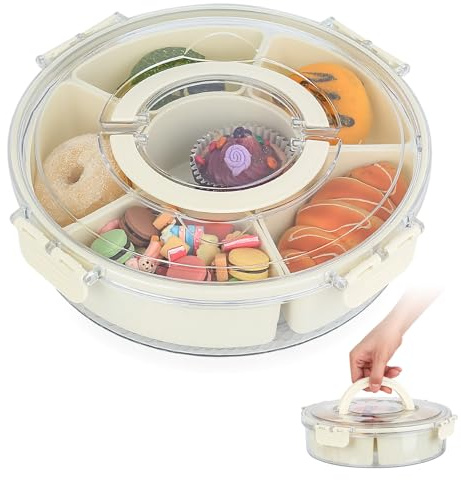 Snackbox mit Fächern Rund, Snackschale mit Deckel & Griff, Picknick Box mit Fächern 6, Snackteller Organizer, tragbare Servierplatte mit Deckel für Süßigkeiten Obst Gemüse Desserts Aufbewahrungsbox
