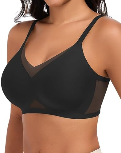Cavotor Wireless Bras for Women Mesh Comfort Bra Non Wired Padded Support Push Up Wire Free Bras for Large Busts Soft T Shirt Bralettes with Extender (Black,L)