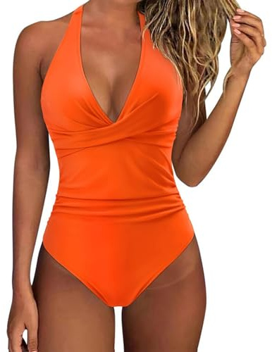 Tummy Control Swimsuit Women's Push Up Swimwear V-Neck Sexy Swimsuit One Piece Shape Elegant Swimsuits Swimwear Swimsuit Slimming with Padding Without Underwire, orange, XXL
