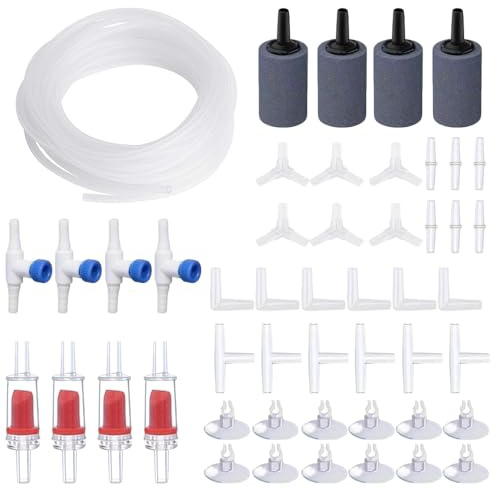 Riisoyu 49 Stück Air Luftpumpe Zubehör, Aquarium Zubehör inkl 8m Silikonschlauch Rückschlagventilen Regelbare Ventile Luftsteinzylindern Saugnapfklemme I/T/L/Y Form Anschlüsse Luftpumpen für Aquarien
