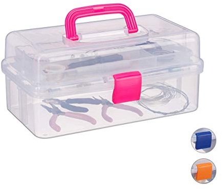 Relaxdays Transparente Plastikbox, 9 Fächer, Werkzeugbox, Nähkästchen, Werkzeugkoffer, Werkzeug, HBT 14x33x19 cm, pink