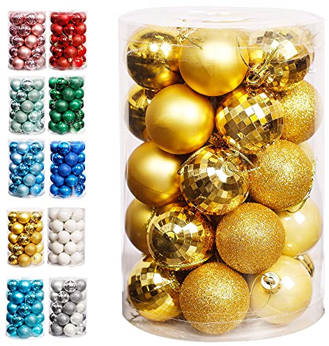 Lulu Home Christmas Ball Ornaments, 34 Ct 1.57 Pre-Strung Hanging Ornament Decorations, Xmas Shatterproof Plastic Balls for Holiday Party Wreath Garlands Trees, Golden