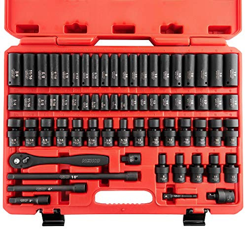 NEIKO 02471A Impact Socket Set, 3/8” Drive, 67 Piece, Metric and Standard Master Socket Set with Shallow & Deep Sockets, Ratchet, Swivel Sockets, Extension Bars, Adapters, Cr-V & Cr-Mo