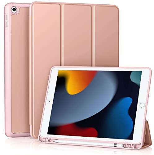 Vobafe Hülle Kompatibel mit iPad 9 8 7 Generation(10.2 Zoll, Model 2021/2020/2019,9./8./7.), Weiche TPU Rückseite Abdeckung Klappständer Schutzhülle mit Stifthalter, Auto Schlafen/Wachen, Roségold
