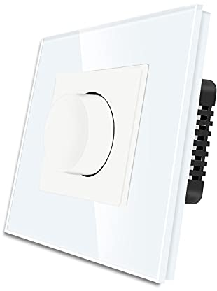CNBINGO Rotary Dimmer Switch, Manual Light Switches for Dimmable LED/Incandescent/Halogen Lamps, White Tempered Glass, No Neutral Wire Required, 1 Way, 220V AC, 500W