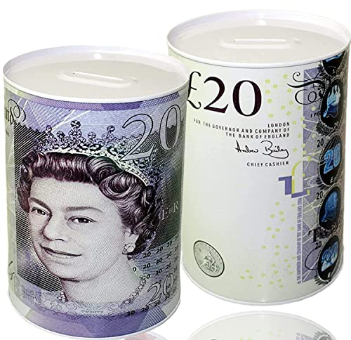 Large Money Tin Box – Vintage £20 Note Savings Jar – Big Retro Coin Bank for Kids & Adults – Money Tin That Can’t Be Opened – Novelty Gift Container for Saving or Decoration (Pack of 1)