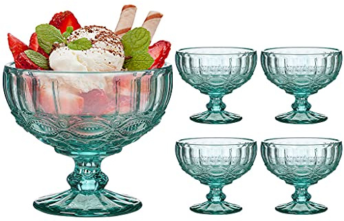 Glass Dessert Bowl Set Embossed 300ml Footed Sundae Dishes (4, Turquoise) | Dishwasher Safe, Baroque, Bevelled, Vintage Style, Footed Bowls