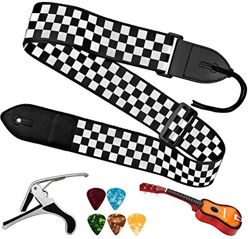 Gitarrengurt, schwarz & weiß Raster-weicher, verstellbarer Akustik-Gitarrengurt für Bass, elektrische und akustische Gitarren, kommt mit 1 Gitarren-Kapodaster und 5 Gitarrenplektren