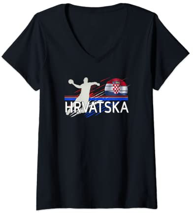 Damen Handball Hrvatska Kroatien Rukomet T-Shirt mit V-Ausschnitt