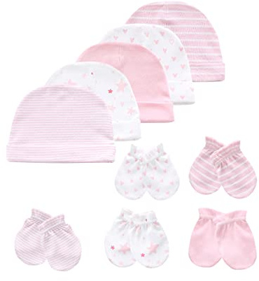 MAMIMAKA Baby Hat and Mittens Set - Newborn Baby Hats Caps for Boys and Girls, 0-6 Months, 100% Cotton